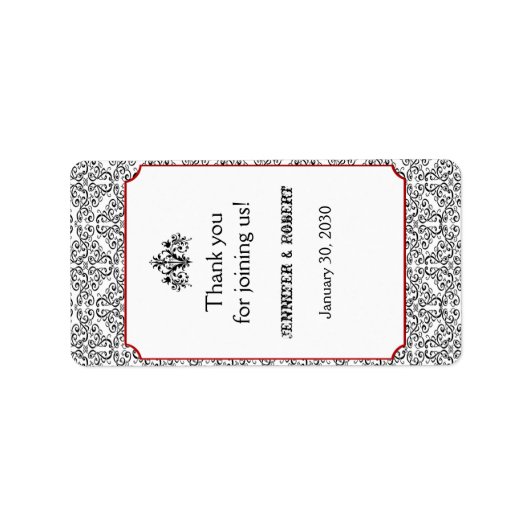 Zwart-wit Damast Rood Bruiloft Lip Balm Label (Voorkant)