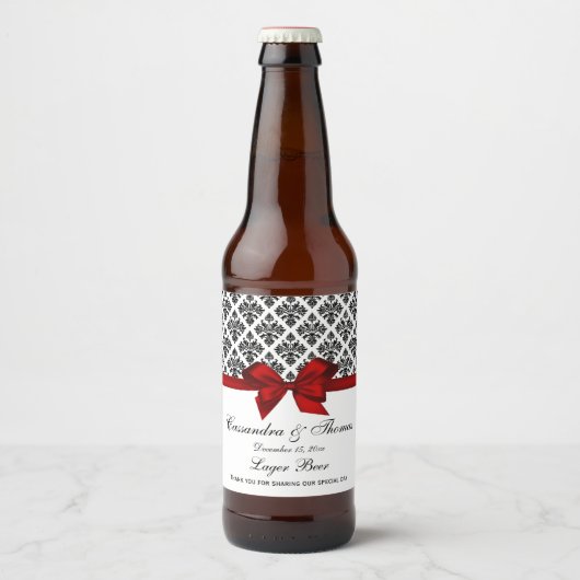  zwart wit damast rood h bierflesetiket bier etiket (Voorkant)