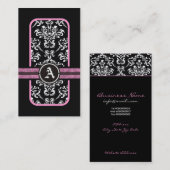 Zwart wit damast roze band monogram visitekaartje (Voorkant / Achterkant)