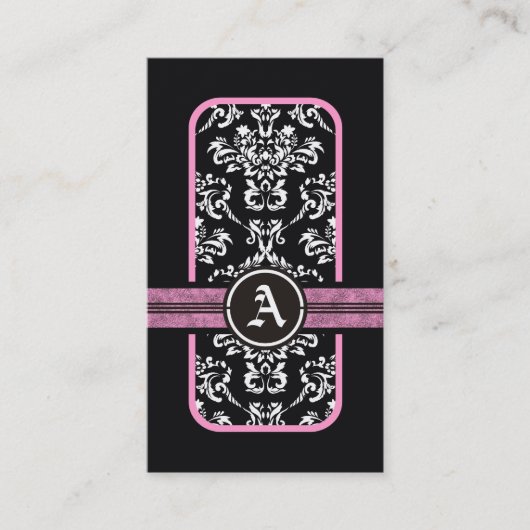 Zwart wit damast roze band monogram visitekaartje (Voorkant)