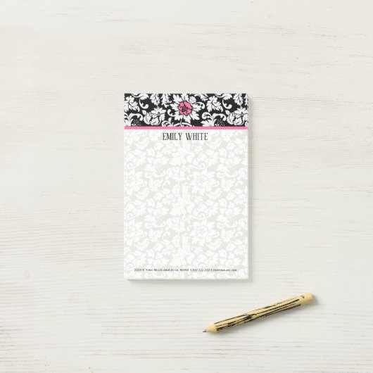 Zwart-wit Damast roze bloem Post-it® Notes (Op bureau)