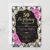 Zwart Wit Damast Roze Rozen Foto 50e Verjaardag Kaart (Voorkant)