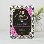 Zwart Wit Damast Roze Rozen Foto 50e Verjaardag Kaart (Staand voorkant)
