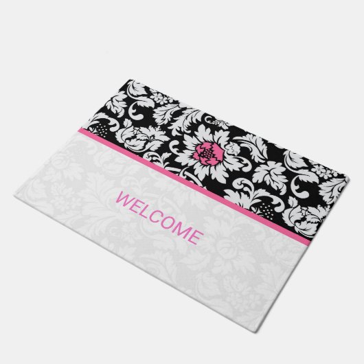 Zwart-wit Damast roze streep Deurmat (Schuin)