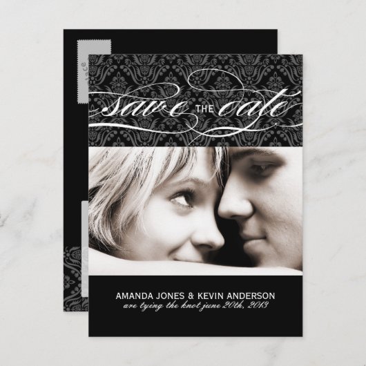 Zwart-wit Damast Save the Date Aankondigingskaart (Voorkant / Achterkant)
