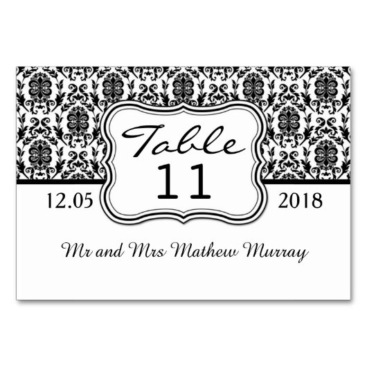 Zwart-wit damast Tafelnummer Plaats kaart (Achterkant)