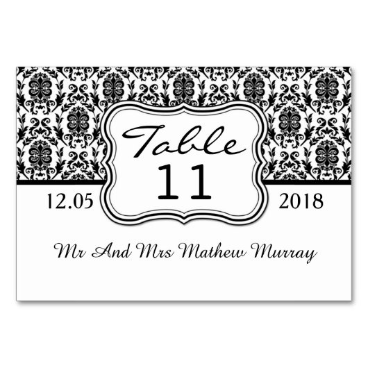 Zwart-wit damast Tafelnummer Plaats kaart (Voorkant)