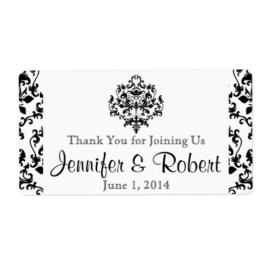 Zwart-wit Damast Water Flesetiket Etiket (Voorkant)