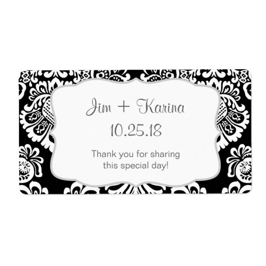 Zwart wit damast waterfles - pas het aan! etiket (Voorkant)