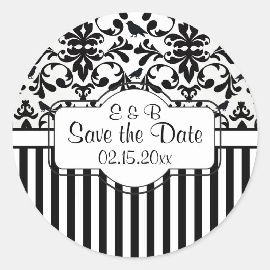 Zwart wit Damast wervelingen, strepen Save the Dat Ronde Sticker (Voorkant)