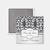 Zwart wit Damast wervelingen, vogels Save the Date Magneet (Voorkant / Achterkant)