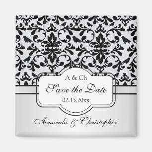 Zwart wit Damast wervelingen, vogels Save the Date Magneet