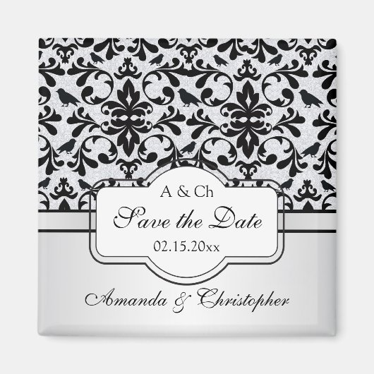 Zwart wit Damast wervelingen, vogels Save the Date Magneet (Voorkant)