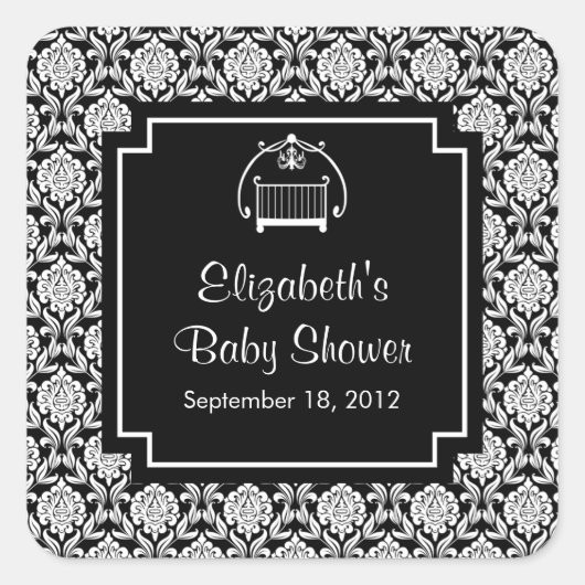 Zwart & Wit Damast Wieg Baby shower Vierkant Vierkante Sticker (Voorkant)