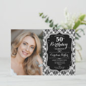 Zwart Wit Damast Zilver Foto 50e Verjaardag Kaart (Staand voorkant)