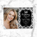 Zwart Wit Damast Zilver Foto 50e Verjaardag Kaart<br><div class="desc">Elegante vrouwelijke 50ste verjaardag uitnodiging met uw foto. Glam zwart wit ontwerp met faux glitter zilver. Beschikt over zwart-wit damast patroon, script lettertype en confetti. Perfect voor een stijlvol volwassen feestje. Personaliseer met je eigen gegevens. Kan voor om het even welke leeftijd worden aangepast! Gedrukte Zazzle-uitnodigingen of direct download digitale...</div>