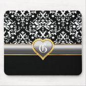 Zwart wit damast, zilvergrijs hart monogram muismat (Voorkant)