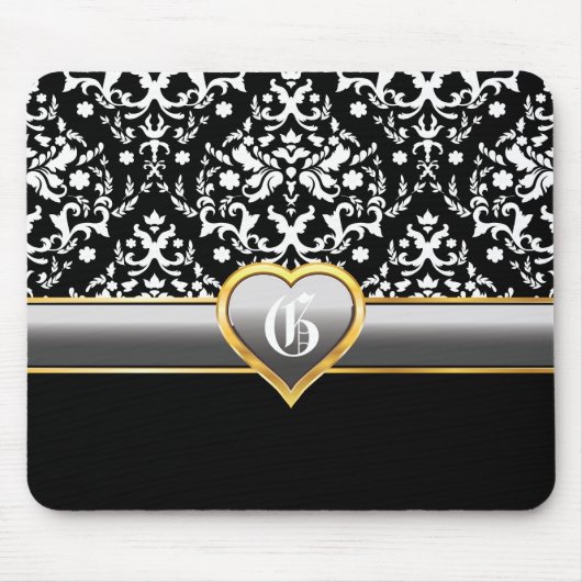 Zwart wit damast, zilvergrijs hart monogram muismat (Voorkant)