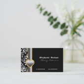 Zwart wit damast zilvergrijs hart visitekaartje (Staand voorkant)