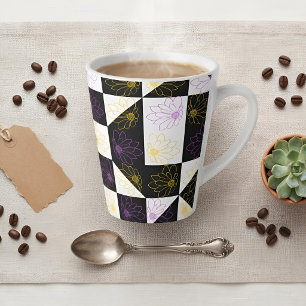 Zwart-wit dambordpatroon Madeliefje Paars Geel Est Latte Mok