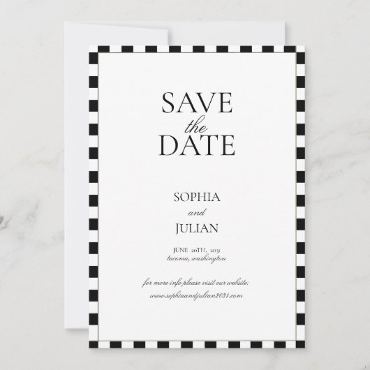 Zwart-wit dambordrand modern save the date (Voorkant)