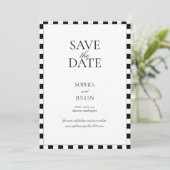 Zwart-wit dambordrand modern save the date (Staand voorkant)
