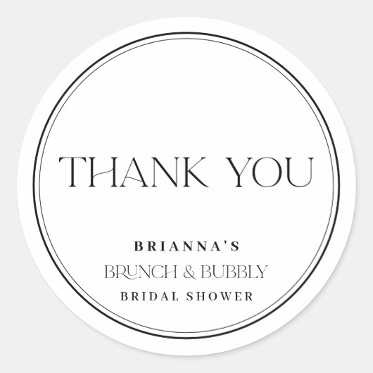 Zwart & Wit Dank u Brunch & Bubbly Ronde Sticker (Voorkant)
