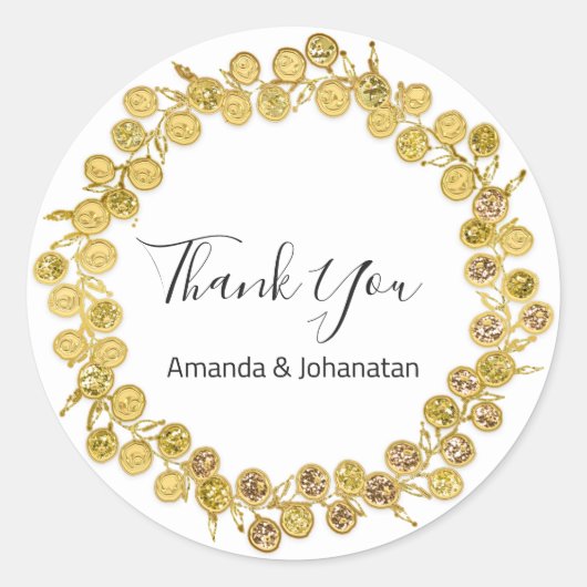 Zwart Wit Dank u Monogram Gouden Krans klasse Ronde Sticker (Voorkant)