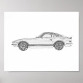 Zwart-wit Datsun 240Z Nissan S30 Tekening Poster (Voorkant)