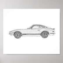 Zwart-wit Datsun 240Z Nissan S30 Tekening