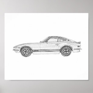 Zwart-wit Datsun 240Z Nissan S30 Tekening Poster