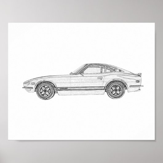 Zwart-wit Datsun 240Z Nissan S30 Tekening Poster (Voorkant)