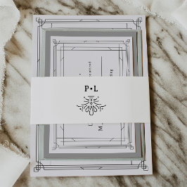 Zwart-wit Deco | Elegant Monogram Huwelijk Uitnodigingen Wikkel