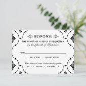 zwart-wit deco-huwelijk RSVP kaartje (Staand voorkant)
