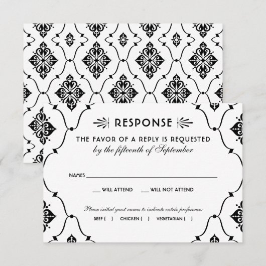  zwart-wit deco-huwelijk RSVP kaartje (Voorkant / Achterkant)