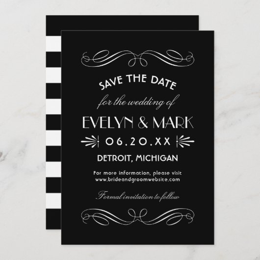 zwart-wit deco-huwelijk save the date (Voorkant / Achterkant)