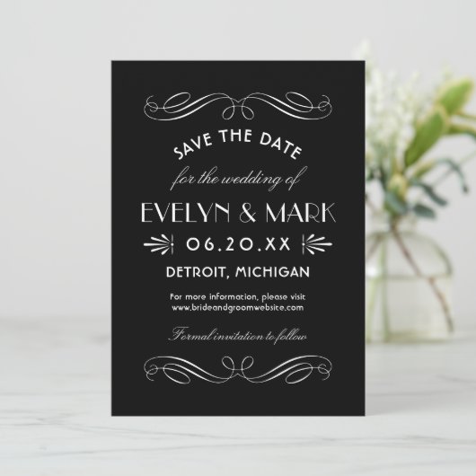 zwart-wit deco-huwelijk save the date (Staand voorkant)