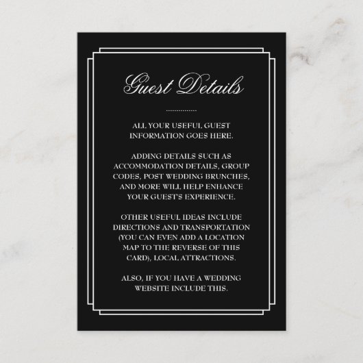 Zwart-Wit Deco Trouwgast Details Informatiekaartje (Voorkant)
