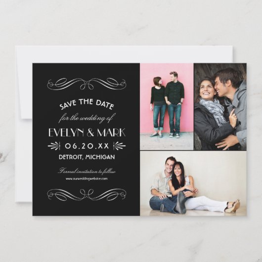zwart wit deco Weddenfoto Collage Save The Date (Voorkant)