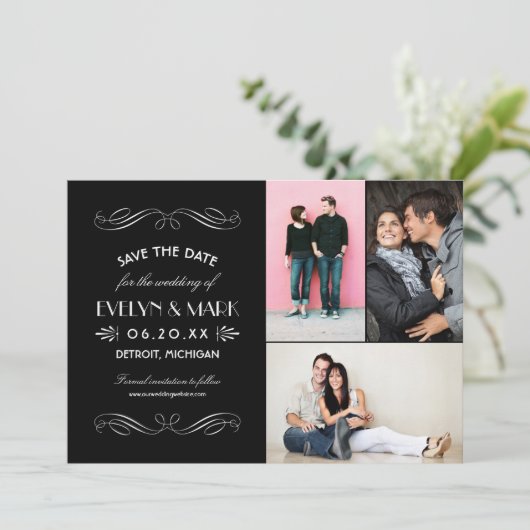  zwart wit deco Weddenfoto Collage Save The Date (Staand voorkant)