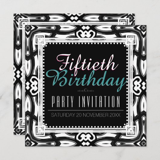 Zwart & Wit  Decor 50e Verjaardagsfeestje Kaart (Voorkant / Achterkant)