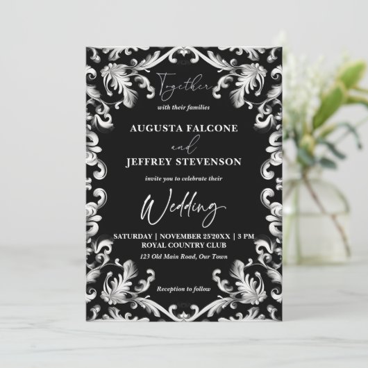 Zwart-wit decor elegant alles in één bruiloft kaart (Staand voorkant)