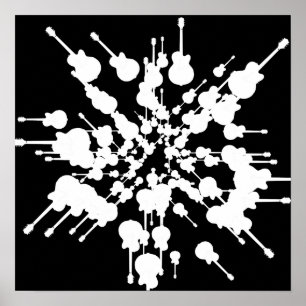 zwart-wit decor met muziekthema's poster