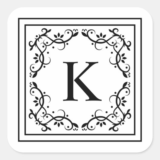 Zwart-wit decoratief frame met aangepast monogram vierkante sticker (Voorkant)