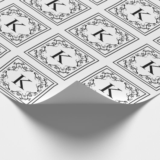Zwart-wit Decoratief Monogram Stijlvol Lijst Cadeaupapier (Hoek)