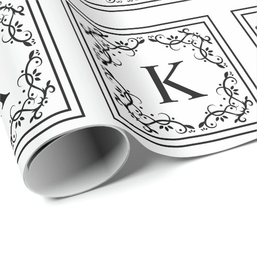 Zwart-wit Decoratief Monogram Stijlvol Lijst Cadeaupapier (Rol Hoek)
