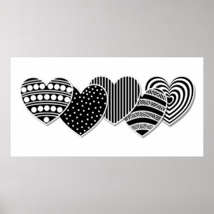 Zwart-wit decoratieve harten poster