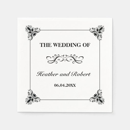 Zwart-wit decoratieve minimalistische bruiloft servetten (Voorkant)
