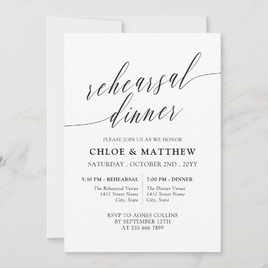 Zwart Wit Delicaat Kalligrafie Repetitie Diner Kaart (Voorkant)