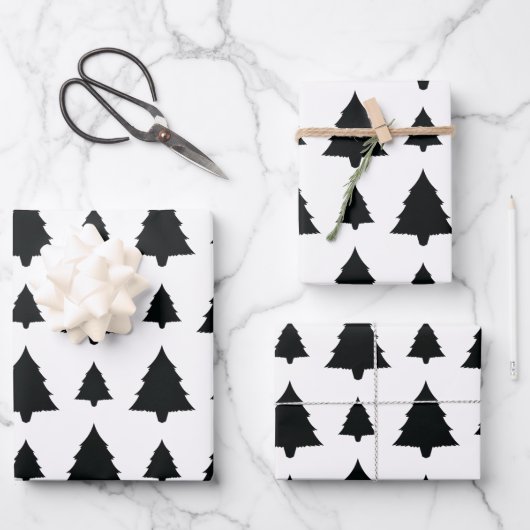 Zwart-Wit Dennenkerstboom Patroon Inpakpapier Vel (Voorkant)